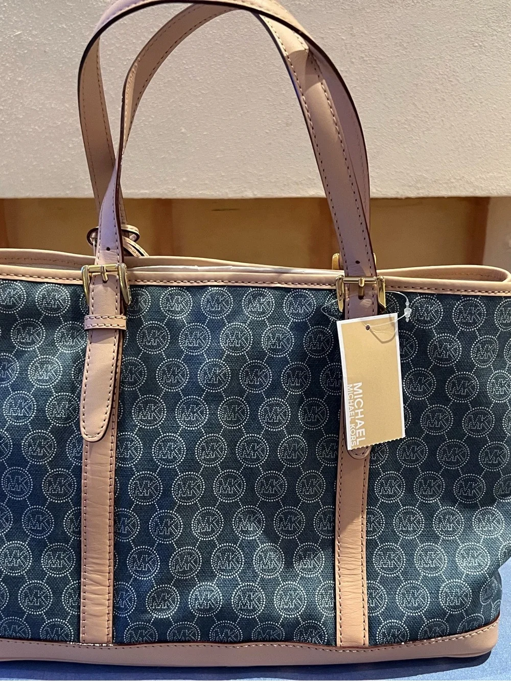 Michael Kors Blue Logo Canvas Tote with Tan Trim